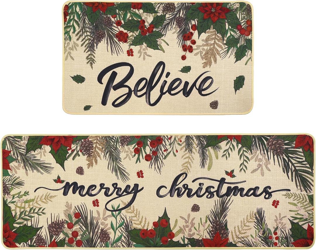 Heirloom Haven Christmas Kitchen Rugs Set of 2,Winter Poinsettia Holly Berry Low-Profile Holiday Home Decor Kitchen Mats for Home Kitchen Floor 17x29 and 17x47 Inch (Green)