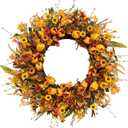 LLZLL 22 Inch Fall Wreath Artificial Autumn Wreaths for Front Door Orange Tulip Wreath with Forsythia Daisy and Berries for Indoor Outdoor Harvest Thanksgiving Holiday Celebration, Multicolor-1