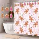 Geelin 13 Pcs Christmas Pink Gingerbread Shower Curtain Set for Bathroom Decor 72"w x 72"h Pink Cute Ginger Bread Candy Cane Shower Curtain with 12 Gingerbread Hooks for Christmas Bathroom Decoration