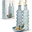 COOK WITH COLOR Glass Olive Oil Bottle Dispenser - 2 Pack- 17oz Oil and Vinegar Cruet - Olive Oil Carafe Decanter for Kitchen, Elegant Waves, Blue