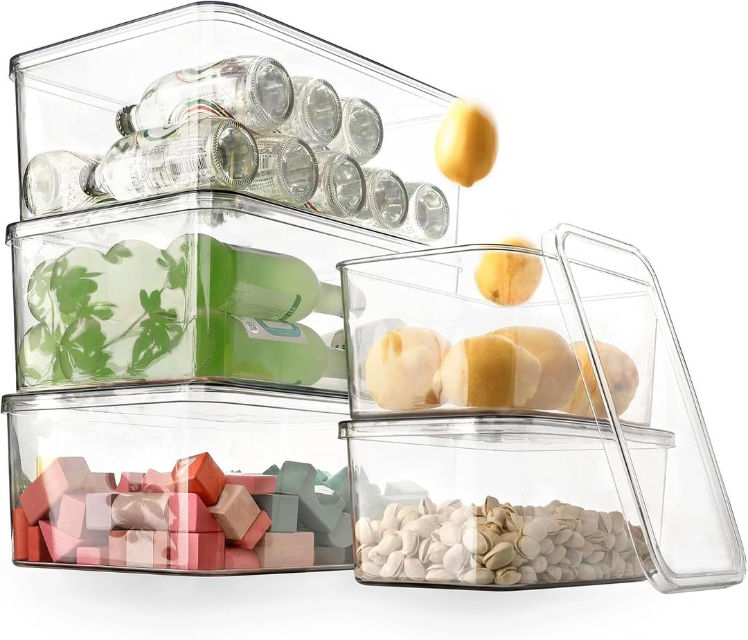Clear Storage Bins With Lids,5 Packs Food Storage Organizer,Cabinet Storage Basket for Clothing, Towels, Cosmetics, Kitchen Storage Containers,Transparent Pantry Containers (3L+2S)
