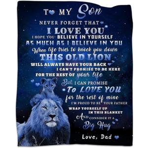 tgruihm to My Son Blanket from Dad, Blue Lion Blanket for My Sons, Son Gifts from Dad, Christmas Father to Sons Birthday Gifts Super Soft Cozy Flannel Blankets for Bed Sofa Decor 50"x60"
