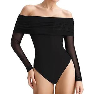MANGOPOP Women's Off The Shoulder Long Sleeve Bodysuit Sexy Sheer Mesh Top Double Lined Body Suits Fall Outfit 2025, Small, Black
