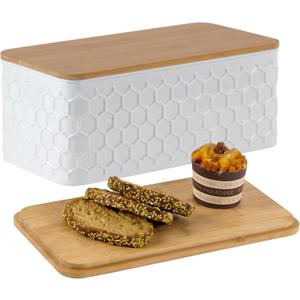 Large Bread Box for Kitchen Countertop Corner Breadbox for Homemade Bread Metal White Honeycomb Pattern Embossed Bread Storage Container Bin with Bamboo Lid