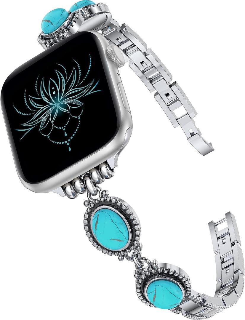 Moolia Turquoise Stone Bracelet Compatible with Apple Watch Band 42/41/40/38/46/45/44/49mm Women Metal Handmade Adjustable Replacement for iWatch Series 11 10 9 8 7 6 5 4 3 2 1 SE/Ultra1/2/3