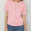 Saodimallsu Womens Puff Short Sleeve Cardigans Lightweight Button Down Shirts Crew Neck Casual Knit Sweater Tops (Pink, L)