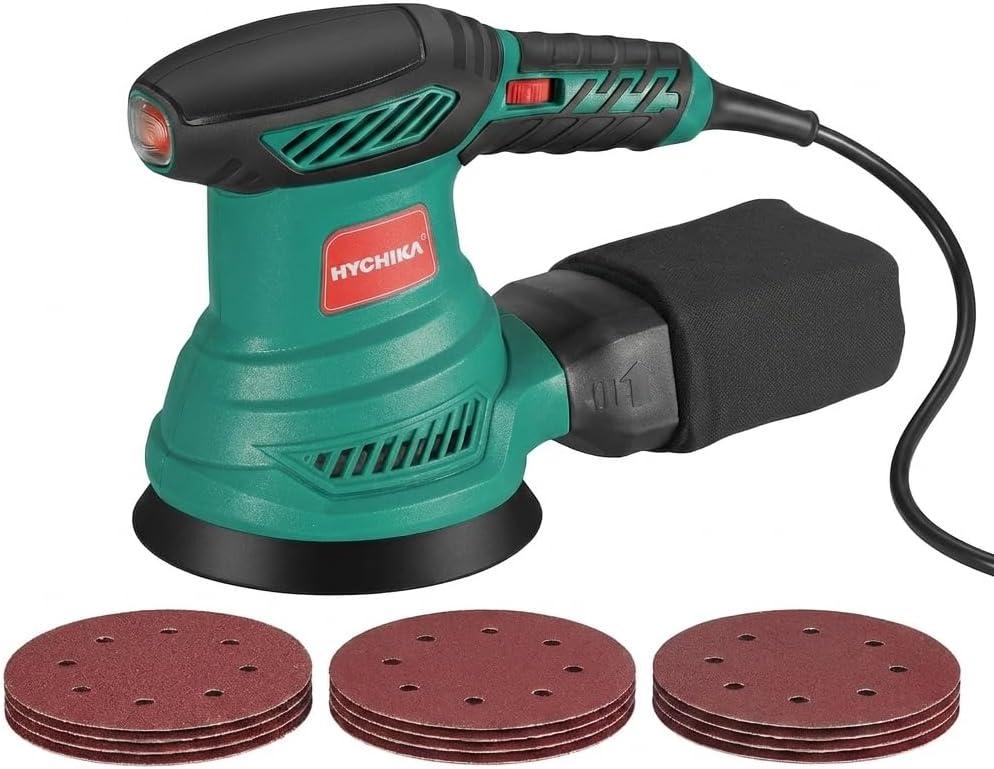 HYCHIKA 5-Inch Random Orbital Sander, 13000RPM Electric Palm Sander with 6 Variable Speeds, Powerful Motor, 12PCS Sandpapers and Efficient Dust Collection Bag, for Woodworking, Finishing and Polishing