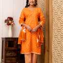 JG JAI GOVINDAM Indian Kurtis for Women Salwar Kameez Suit Set Indian Dresses Chikankari White Kurti Pant & Dupatta Set (Orange, XXL)