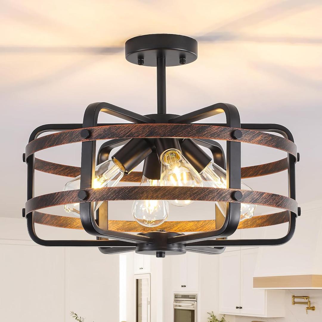 17.71'' Farmhouse Cage Semi Flush Mount Ceiling Light Fixture 4-Light Rustic Metal Ceiling Lighting Industrial Light Fixtures Vintage Ceiling Mount Black Chandeliers for Dining Room Kitchen Foyer E26