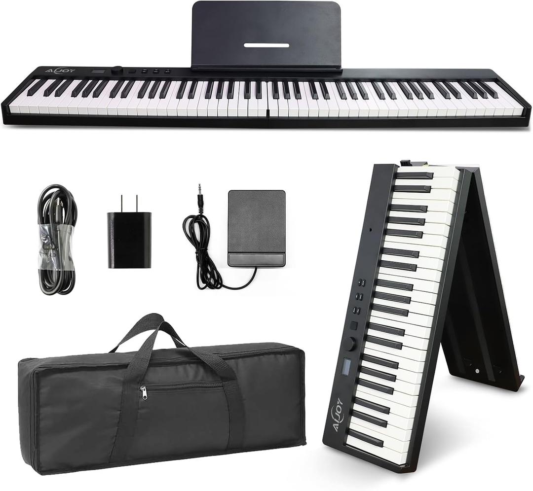 AiJoy 88-Key Piano Keyboard Portable Folding Piano with Semi-Weighted Keyboard, USB-MIDI, Sustain Pedal and Stand, Electric Keyboard Piano for Beginners, Black