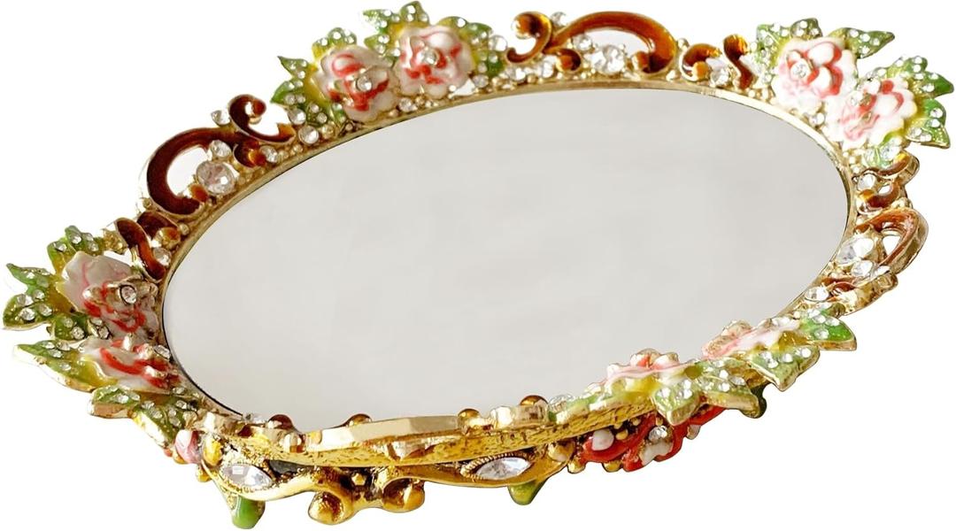 Gold Mirror Vanity Tray, Hand Painted Decorative Jewelry Tray, Metal Makeup Tray for Vanity, Dresser, Countertop (Pink Rose)