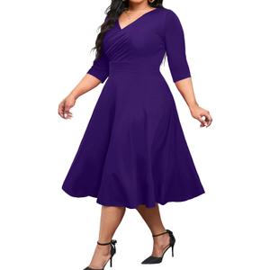 CLOCOR Women's Plus Size Midi Dress 3/4 Sleeve A-Line Swing Dress V Neck Flowy Casual Dresses (Purple, XXL)