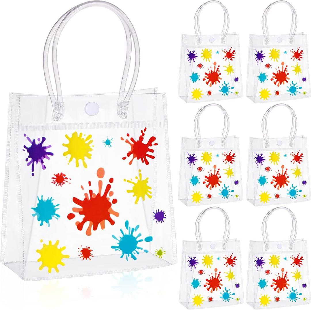 Kolldenn 24 Pcs Art Paint Party Favor Bags Plastic Clear PVC Gift Bags with Handles Colorful Artist Splatter Goodie Candy Bag for Birthday Baby Shower School Classroom Supply 6x6x3inch(Classic)