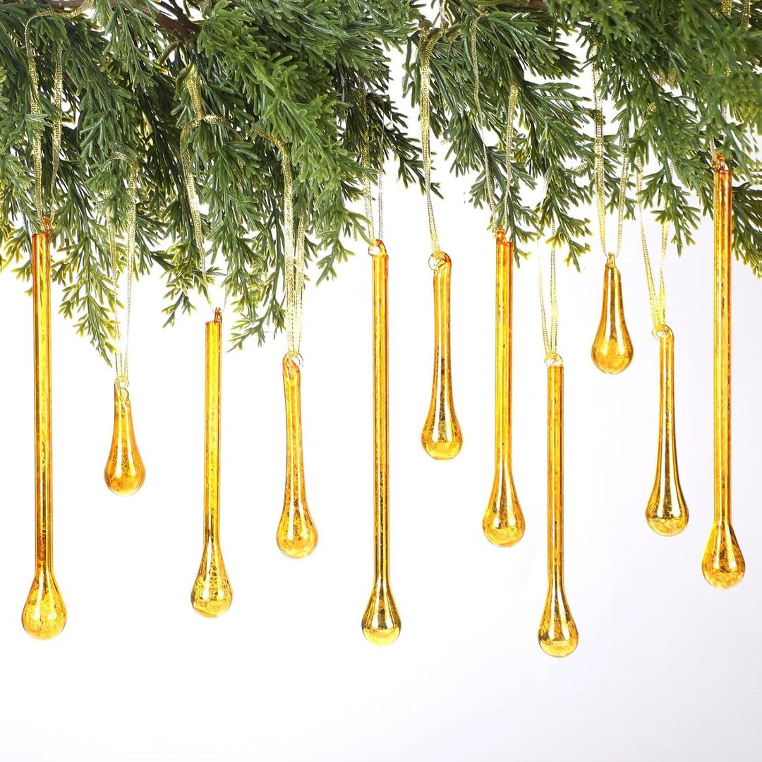 12 Pcs Mercury Glass Teardrop Christmas Ornaments Icicle Raindrop Christmas Tree Hanging Decoration Vintage Chandelier Crystal Pendant for Xmas Tree Winter Holiday Party Supplies (Gold)