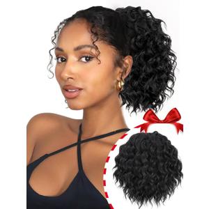 Isaic Ponytail Extension 8 Inch Short Wavy Curly Ponytails Drawstring Ponytail for Black Women Jet Black Pony Tails Hair Extensions Synthetic Hairpiece for Daily Use