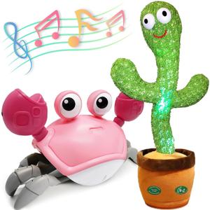 Pbooo Dancing Talking Cactus Toy and Crawling Crab Baby Toy Set - Interactive and Fun Toys for Babies and Kids