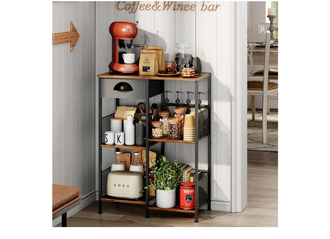 X-cosrack Farmhouse Small Coffee Bar with Drawer, 5-Layer Staggered Coffee Stand Station for Small Space, Rustic Bar Cabinet for Kitchen, Buffet Sideboard Cabinet for Living Room, Room Cafe