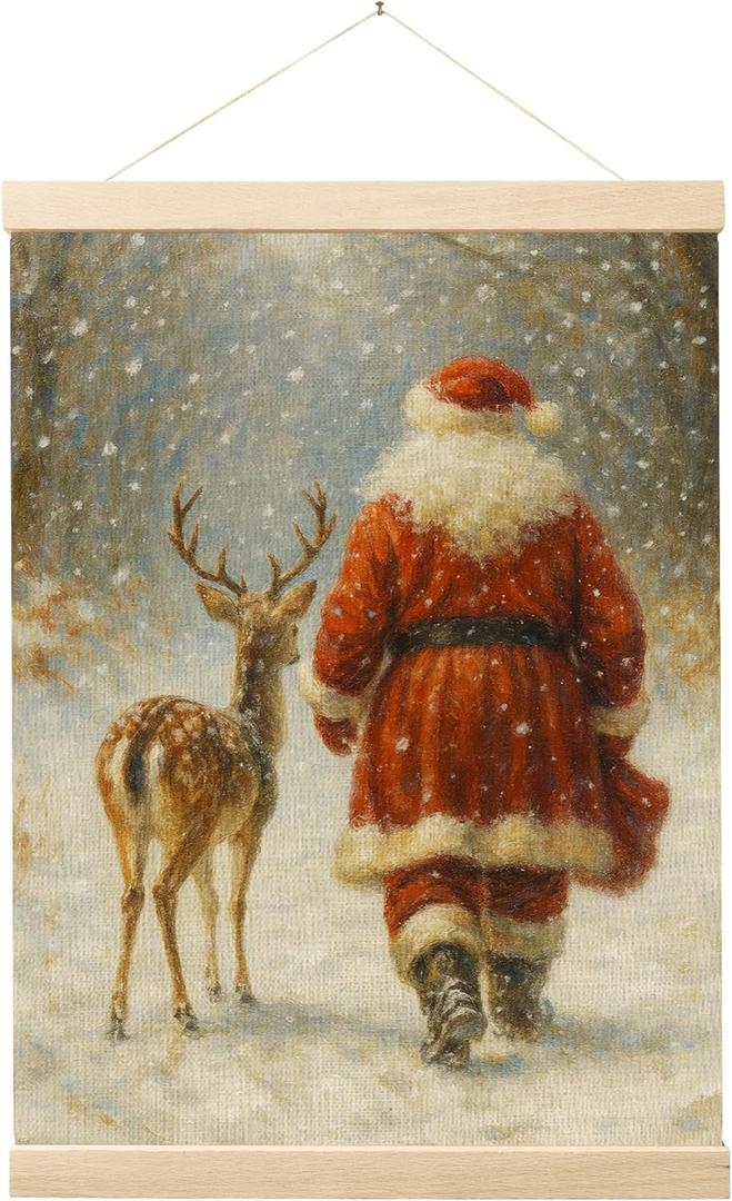 Evcprz Christmas Santa and Reindeer Wall Art Poster Hanger Frame, Rustic Christmas Decor, Winter Xmas Snowy Forest Hanging Canvas Prints Wall Art Decor for Home Living Room Bedroom, 12x16 Inch