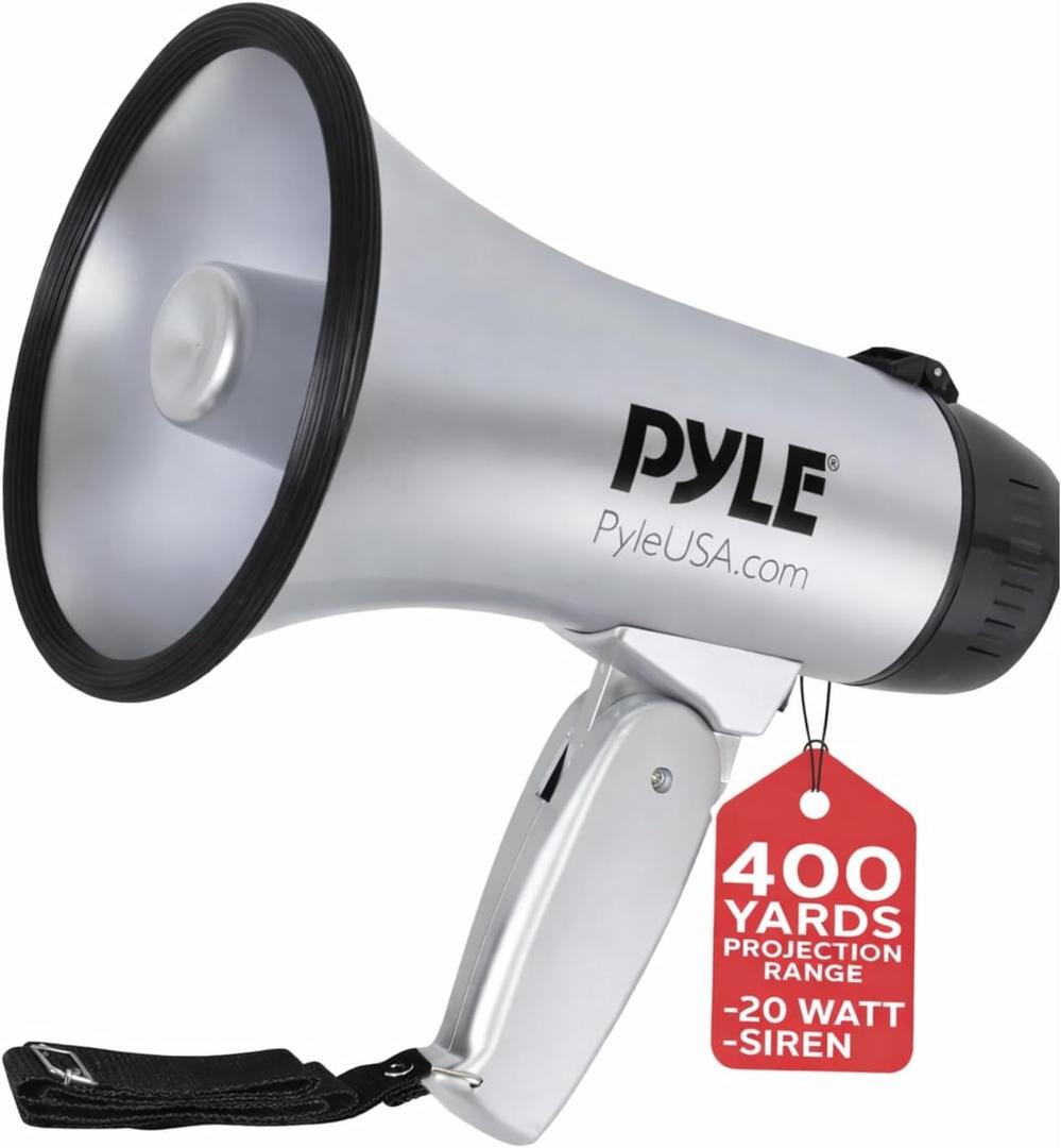 PYLE-PRO Portable Megaphone Speaker Siren Bullhorn - Compact and Battery Operated with 20 Watt Power, Microphone, 2 Modes, PA Sound and Foldable Handle for Cheerleading & Police Use-PMP23SL (Silver)