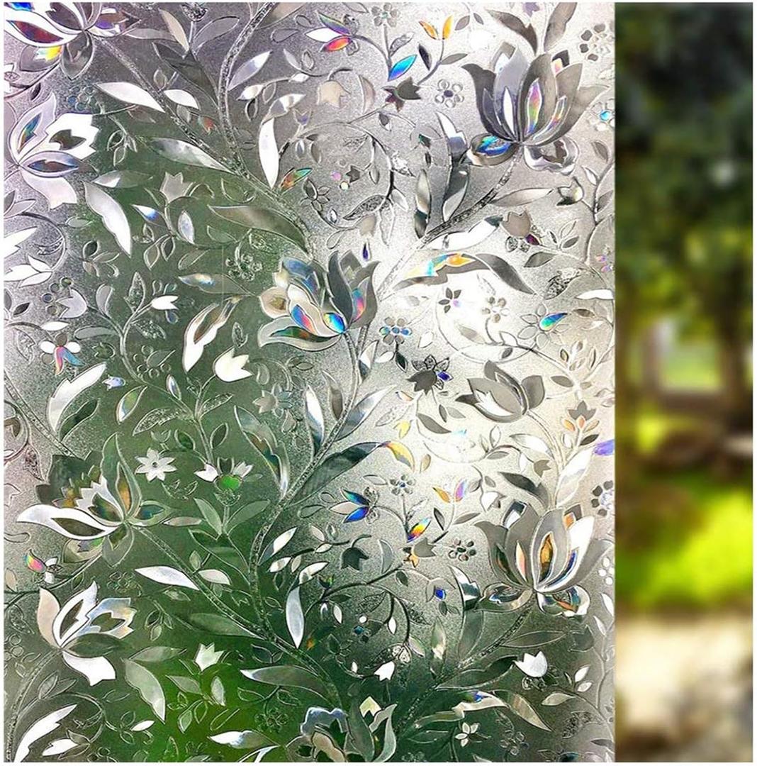 LEMON CLOUD Window Film, Decorative Window Privacy Film, 3D Stained Glass Window Sticker,Anti-UV Sun Blocker Heat Control for Home(Rainbow Tulip Design,23.6 x 78.7 inches)