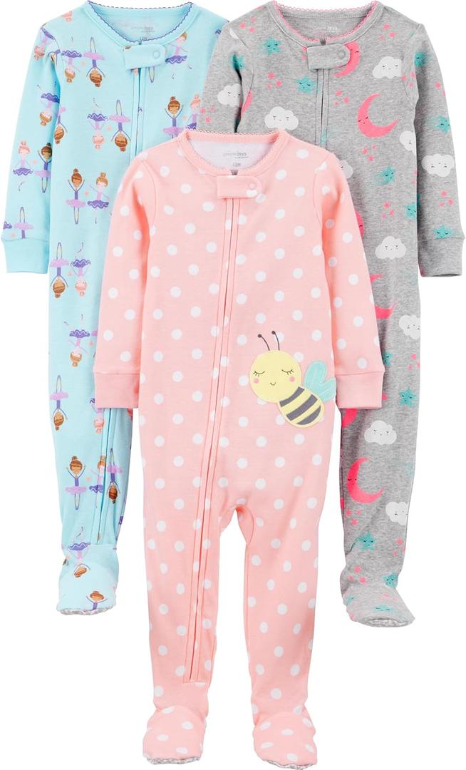 Simple Joys by Carter's Baby 3-pack Snug-fit Footed Cotton Pajamas, Ballerina/ Moon/ Bee, 12 Months