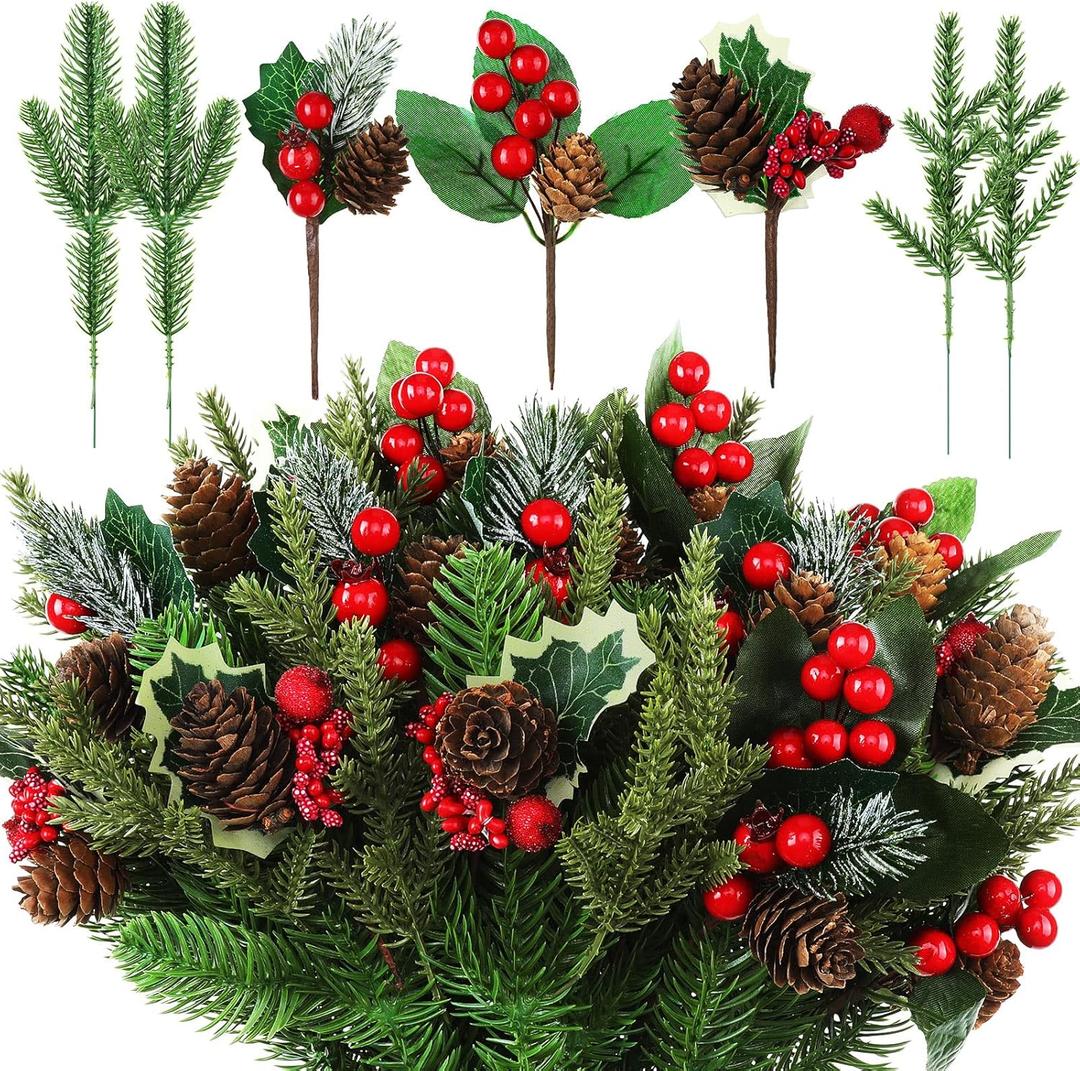 60 Pcs Christmas Artificial Green Pine Needles, Christmas Floral Picks Artificial Holly Red Berry Twig Stem Pine Snowy Cone Branches Garland Bulk for Xmas Tree Craft Holiday Winter (Charming Style)