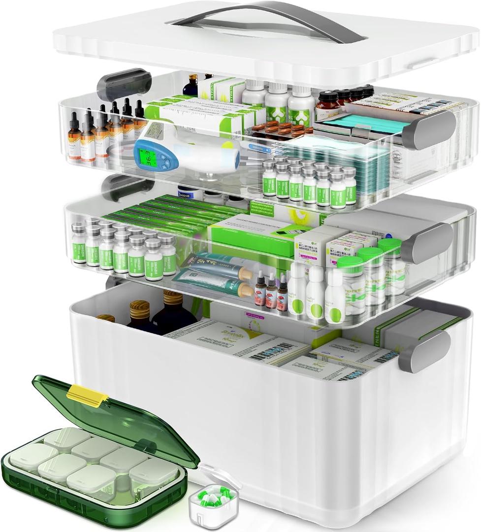 3-Tier Medicine Organizer - Portable Medicine Cabinet with Plastic Handle, Multipurpose Medical Box with Pill Box, Empty First Aid Kit for Home (White)