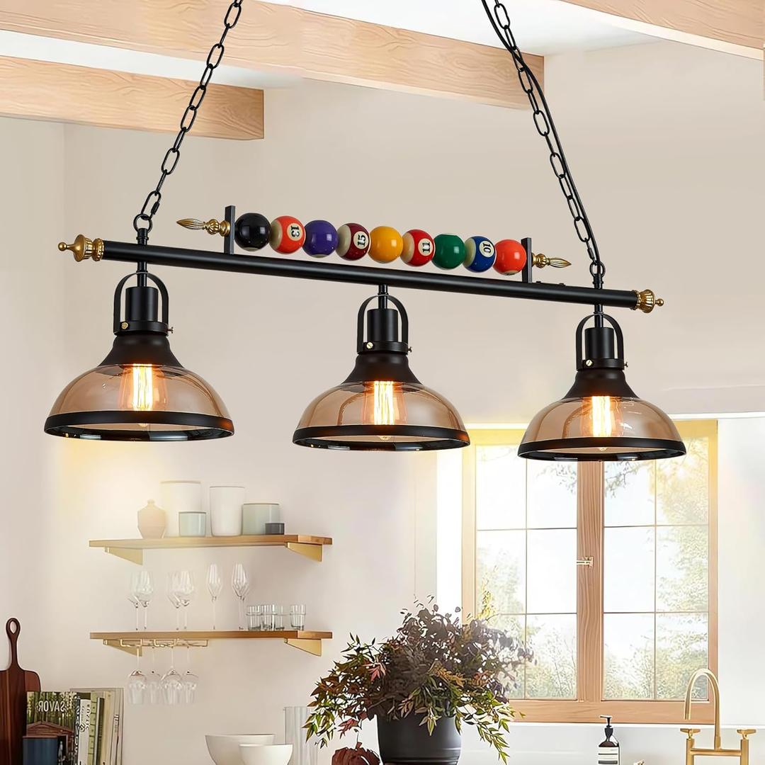 7'-8' Hanging Pool Table Light Billiard Pendant Light Adjustable Light, Retro Island Light Fixtures, Glass Shade,for Billiards Room,Snooker Table, Kitchen Island, Beer Party