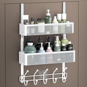 Over The Door Hooks Organizer, Over The Door Towel Rack with 12 Coat Hooks and 2 Mesh Basket, Bathroom Door Organizer Back of Door Hanger Organizer for Bedroom, Kitchen