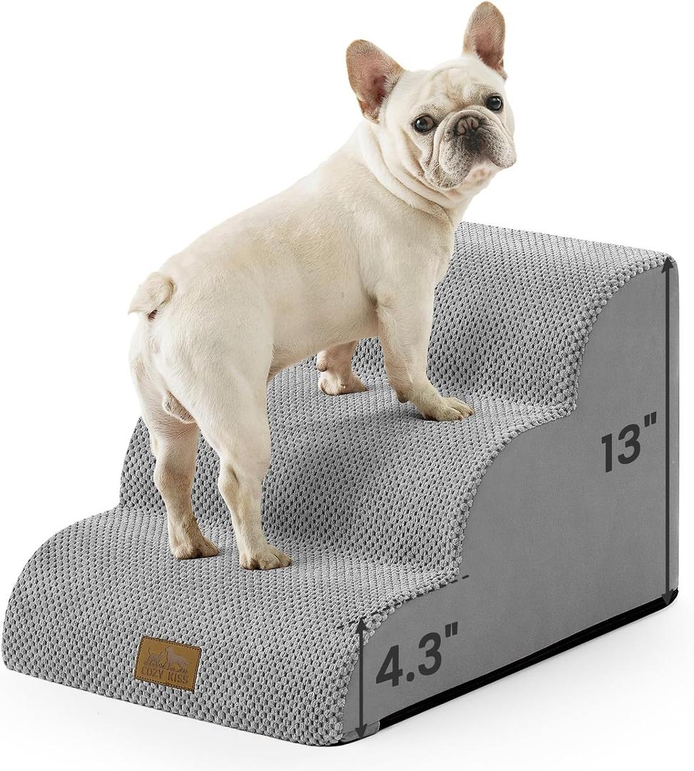 COZY KISS Dog Stairs for Small Dogs 13" H, 3-Step Slope Curved Dog Steps for Couch, Chair or Bed, Sturdy Pet Stairs for Puppy, Older Cat, Cat Ladder with High Density Foam, 15.7x20x13 inch, Gray