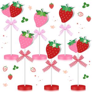 Briwooody 6 Pcs Strawberry Table Decorations Red Pink Strawberry Tiered Tray Decor Summer Wooden Sign Rustic Tabletop Centerpiece Farmhouse Tall Standing for Birthday Baby Shower Party Home Decor