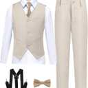 Boy's Formal Suit 7 Piece Slim Fit Tuxedo for Kids Teen Boys Jacket Vest and Pants Set for Wedding with Bow Tie Suspenders, 12Y
