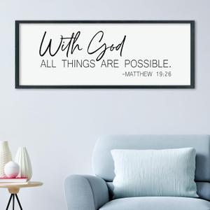 LuZhiQiang Christian With God All Things Are Possible Wall Decor 40"×15" Religious Home Bible Verse Sign Inspirational Print for Living Room Large Wood Framed Catholic Wall Art Hanging (Black)