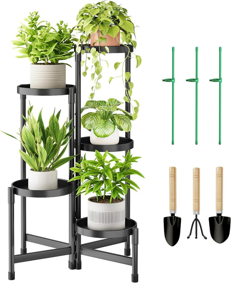 Cawukege 5 Tier Plant Stand Indoor, Tiered Plant Stand Outdoor for Multiple Plants, Corner Plant Shelf for Patio Balcony Porch Garden Living Room House, Black