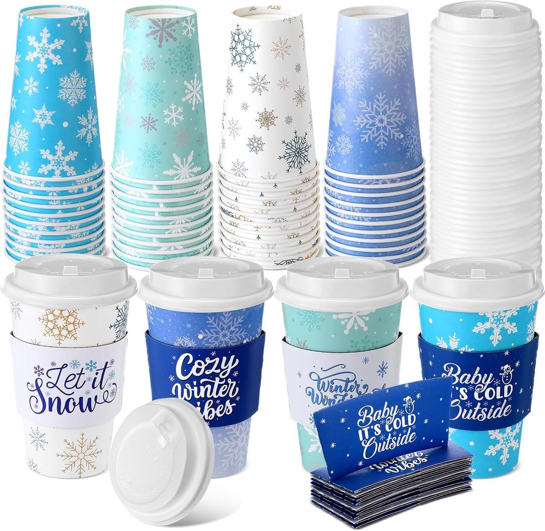 Jingmore 48 Pack 16 oz Christmas Disposable Coffee Cups with Lids and Sleeves Christmas Paper Hot Cups Xmas Party Beverage Tea Drinking Favors for Hot Cocoa, Xmas Holiday Supplies(Snowflake,Blue)
