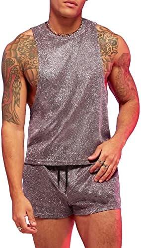 WDIRARA Men's 2 Piece Outfit Glitter Round Neck Sleeveless Tank Top and Drawstring Waist Track Shorts Silver, L