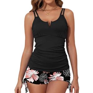 Aleumdr Tankini Swimsuit for Women Athletic 2 Piece Tummy Control Bathing Suit Modest Swim Tank Top with Shorts Flora Black XX-Large