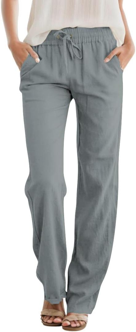 SEMARO Womens Casual Linen High Waist Pants Drawstring Loose Fit Summer Pants Trousers with Side Pockets (Small, Grey)