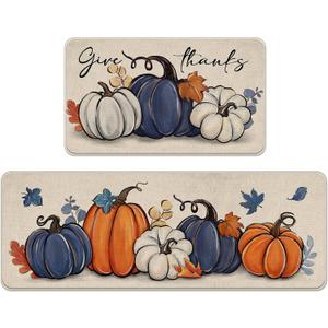Thanksgiving Blue White Pumpkin Kitchen Rugs Set of 2, Fall Give Thanks Maple Leaves Kitchen Mats Decor, Autumn Seasonal Floor Door Mat Home Decorations - 17x29 and 17x47 Inch