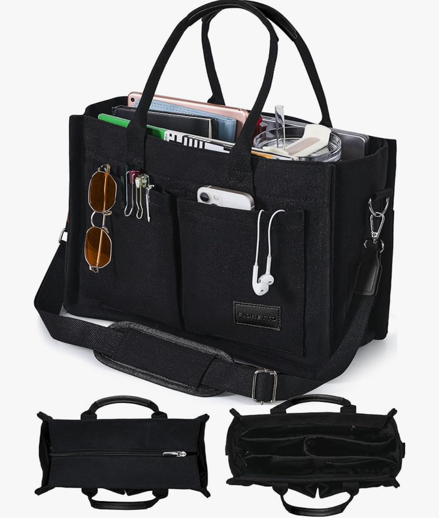 FIORETTO Canvas Tote Bag for Women with Zipper Closure & Individual Compartments for Work College for Teacher & Nurse