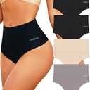 FINETOO Women Underwear High Waisted Thongs Tummy Control Seamless Thongs Shapewear No Show Panties 5 Pack M