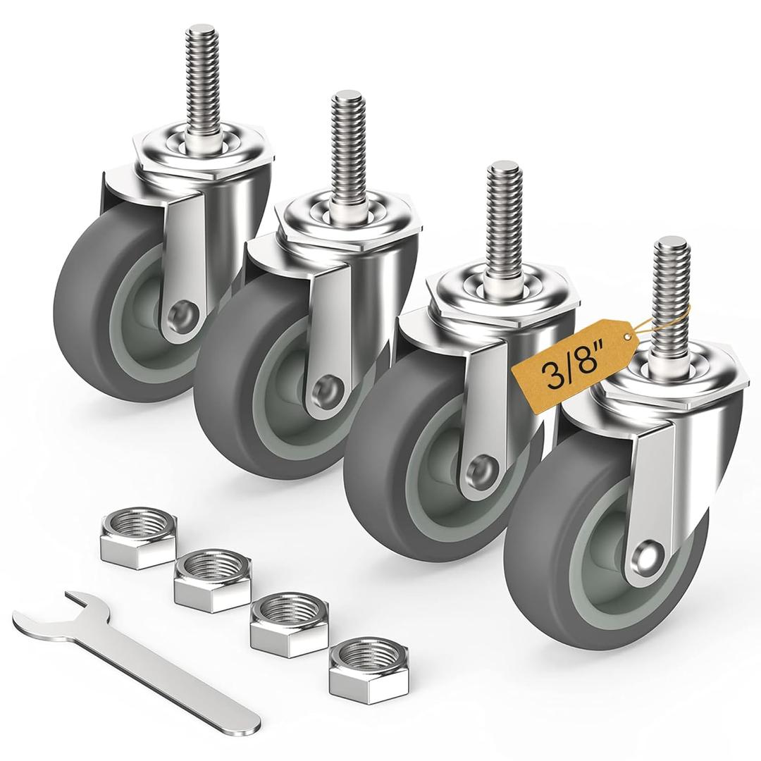 HOLKIE Caster Wheels 3 inch with No Brake Stem Casters, 3/8" -16 x 1-1/2" (Stem Diameter 3/8", Stem Length 1-1/2") Threaded Swivel Casters Set of 4 Heavy Duty Castors Grey