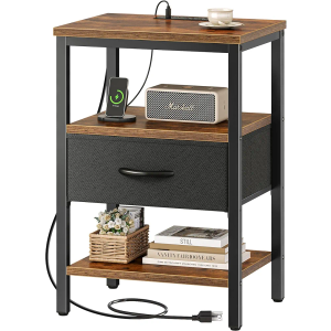 SUPERJARE Nightstand with Charging Station, Bed Side Table with Adjustable Fabric Drawer, Night Stand for Bedroom, 3-Tier Storage End Table, for Living Room, Rustic Brown and Black