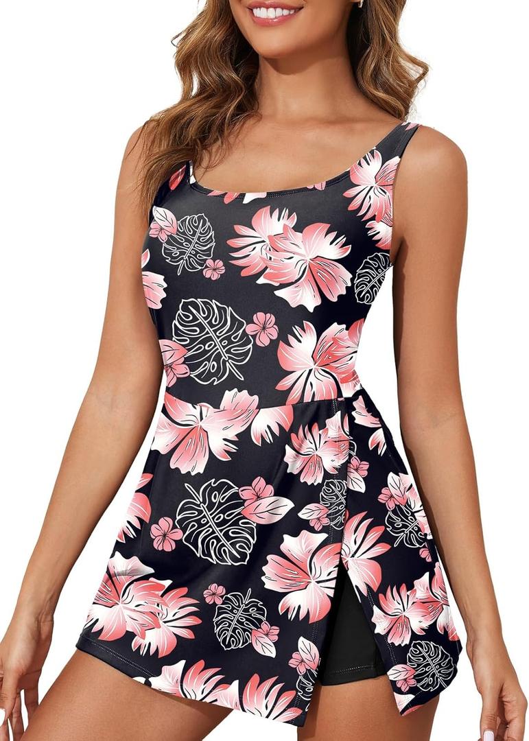 Aleumdr One Piece Swimdress Swimsuit for Women Tummy Control Split Swim Dress Skirt Bathing Suit with Pockets (Large, Floral Black)