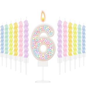 MTLEE Number 6 Birthday Candle with 12 Pcs Spiral Candles for Girls Macaron Pastel Rainbow Unicorn Pink Cake Topper for Sweet Theme Party Decoration