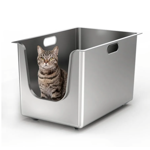 Stainless Steel Litter Box 13.7'' High Sides, XL Metal Cat Litter Box with Curved Low Entry, Cat Litter Pan for Big & Multiple Cats, Pet Toliet with Handy Wheels for Easy Moving
