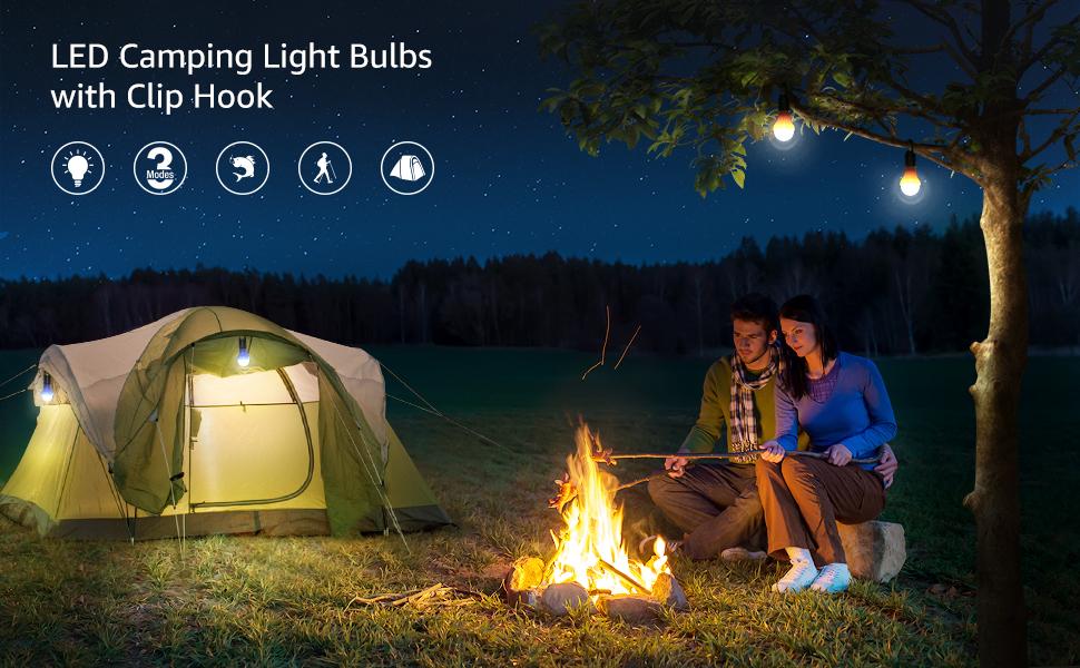 Lepro Portable LED Camping Lantern, Camping Essentials with 3 Lighting Modes, Hanging Tent Light Bulbs with Clip Hook for Camping, Hiking, Hurricane, Power Outages, Batteries Included, 4 Packs