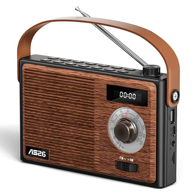 AM FM Radio Portable Retro Bluetooth Speaker Support USB/TF/AUX Player, Vintage Wireless Radio with Digital Display , Retro Radios Battery Powered or Plug in Wall for Home Office Outdoor, Gift