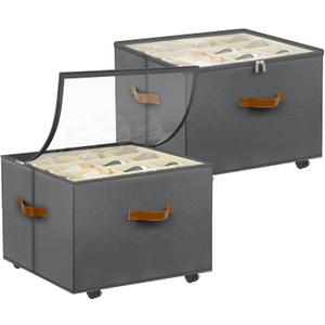 Shoe Organizer for Closet, 2 Pack Shoe Storage Organizer with Wheels and Adjustable Dividers, Stackable Shoe Storage Box with Clear Cover, Closet Shoe Organizer Fits up to 16-32 Pairs, Gray