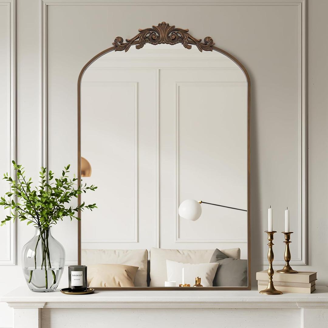 Filigree Arched Wall Mirror 22"x46" Retro Wall-Mounted Mirror with Vintage Ornate Carved Applique Hanging Leaning Antique Home Decor Mirror for Fireplace Living Room Entryway Hallway Bathroom, Bronze